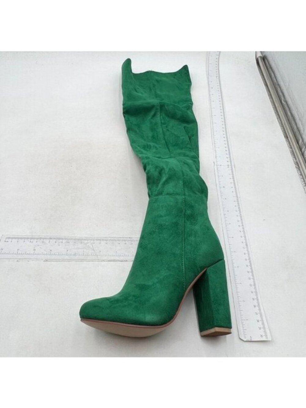 Women Thick High Heel Knee High Long Boots Closed Toe Pull On Faux Suede Green